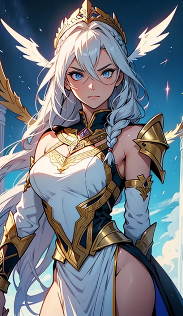 A detailed line art image of a Valkyrie-style anime girl. She has long, flowing hair cascading down her back, adorned with intricate braids and a small winged headpiece that resembles a crown. Her armor is sleek yet ornate, featuring angular plates with sharp edges and delicate engravings, especially on the chest and shoulder pads. The armor is fitted, highlighting her slender yet strong physique, with a flowing cape attached at the shoulders, billowing out dramatically. She wields a long, elegant spear with a sharp, gleaming tip, and her expression is fierce and determined. Her eyes are large and intense, capturing the ethereal and powerful essence of a warrior from the heavens. Behind her, faint lines suggest the wings of a Valkyrie, giving her a majestic and divine appearance