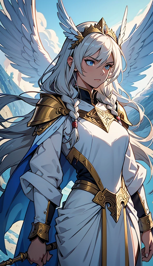 A detailed line art image of a Valkyrie-style anime girl. She has long, flowing hair cascading down her back, adorned with intricate braids and a small winged headpiece that resembles a crown. Her armor is sleek yet ornate, featuring angular plates with sharp edges and delicate engravings, especially on the chest and shoulder pads. The armor is fitted, highlighting her slender yet strong physique, with a flowing cape attached at the shoulders, billowing out dramatically. She wields a long, elegant spear with a sharp, gleaming tip, and her expression is fierce and determined. Her eyes are large and intense, capturing the ethereal and powerful essence of a warrior from the heavens. Behind her, faint lines suggest the wings of a Valkyrie, giving her a majestic and divine appearance