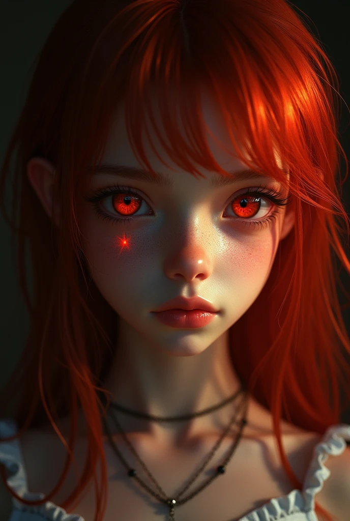 1 girl, star eye, blush, perfect lighting, Red hair, Red eyes, unreal engine, side lighting, detailed face, hits, shiny skin, simple background, dark background