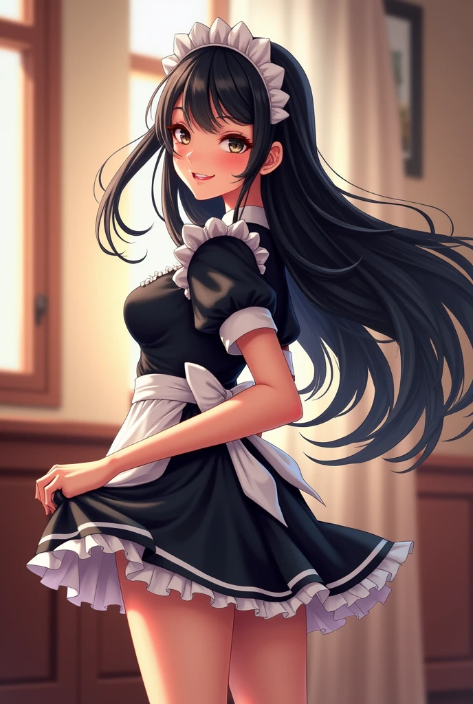 A human girl in her 18s with a big butt and black hair, funny, fun and cheerful, in a black maid outfit with the best qualities, best effects, best shadows, best lighting 8k