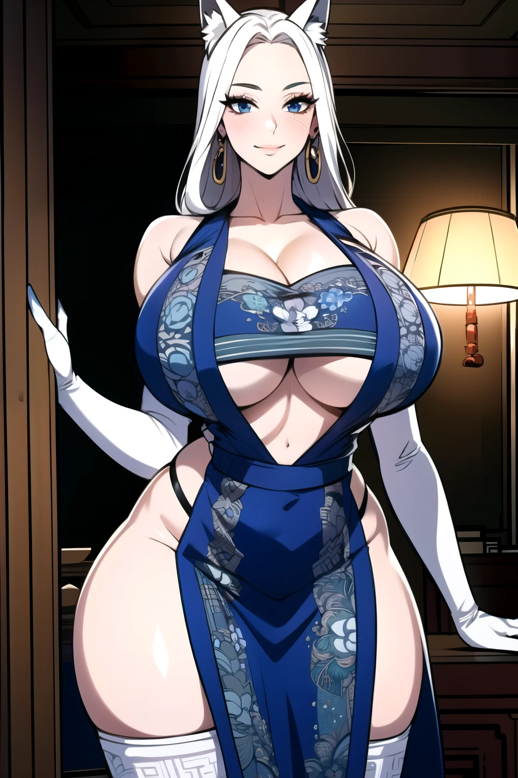 ultra realistic 8k cg, masterpiece, ((ultra detailed background,  intricate detail, highly detailed, fine details best quality, hyperdetailed face)), gigantic breasts ,beautiful lighting, absurdres, BoaHancockV2,  1girl, solo, (white hair : 1.3), long hair, jewelry, closed mouth, ), cleavage, (chinese dress : 1.1), (underboob : 1.4), elbow gloves, thigh boots, bare shoulders,, bare shoulders, curvy, midriff, curvy, thighs, shiny clothes), blue eyes, complex detailed background, indoor, palace), ((cowboy shot)), curvy, (gigantic breasts: 1.1), seductive smile, cowboy shot, earrings, jewelry, fox ears