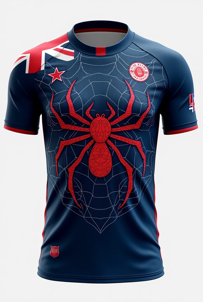 Create an Australia team jersey , With blue colors, red and white , and a spider