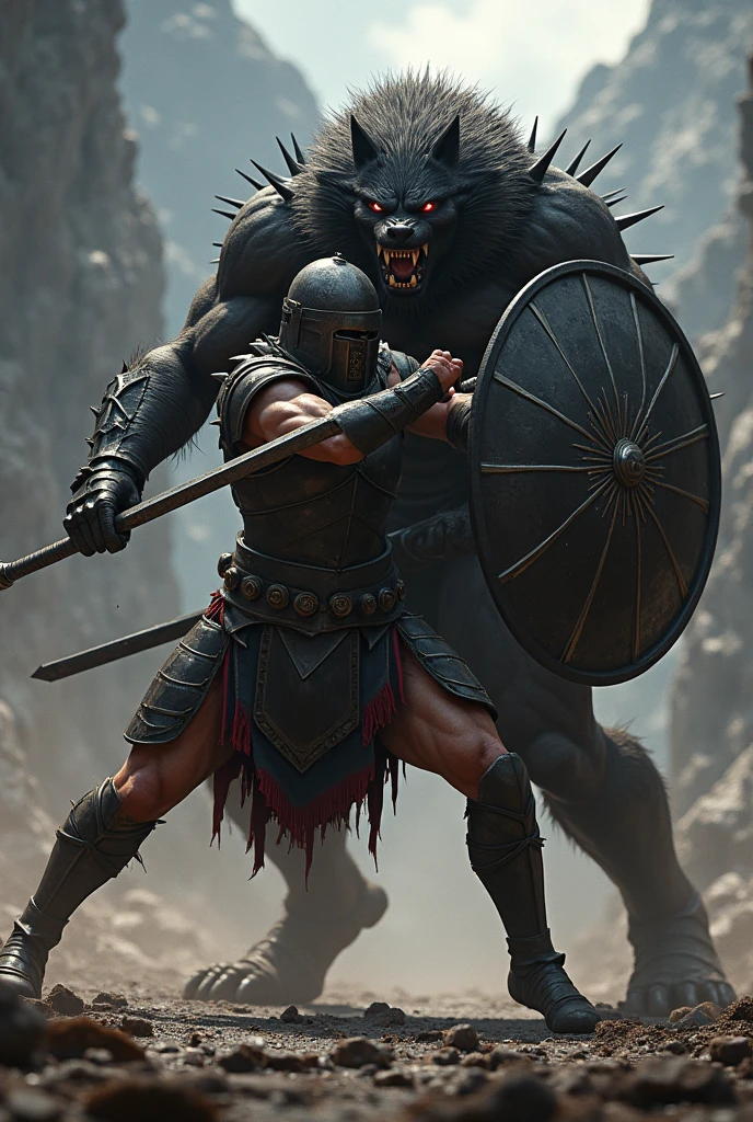 (photorealism:1.2), Muscular werewolf in black armor beating up a Spartan