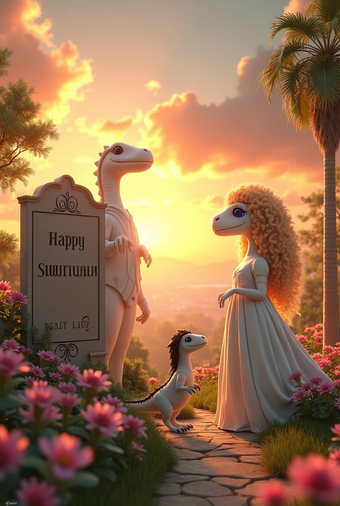 Wonderful shining sunset, with beautiful flowers in a vast and splendid Garden.
03 people in this image.
little white dinosaur, long black hair, white gown brincando com um Leão.
Tall White Dinosaur Woman, Long curly blonde hair, white gown.
Tall White Dinosaur Man, curly black hair, sem beard, transparent blue glasses, white outfit.
Stone name plate: Happy Saturday.
Large stone engraved with the name HAPPY SATURDAY!
4k realism