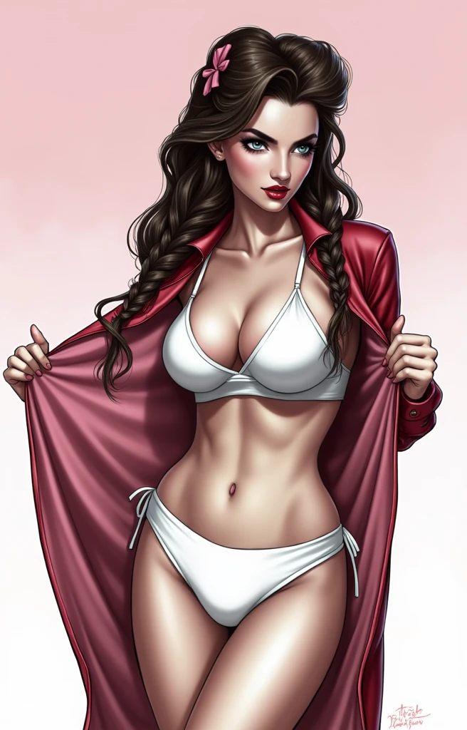 (masterpiece, best quality)), ((((perfect anatomy)))),Caucasian woman with long brown braided hair, pink hair bow, dark eye-shadow, dark red lipstick, opening up pink dress, red jacket , (((white cotton bikini panties))), white bra, smiling, (((realistic art style)))
