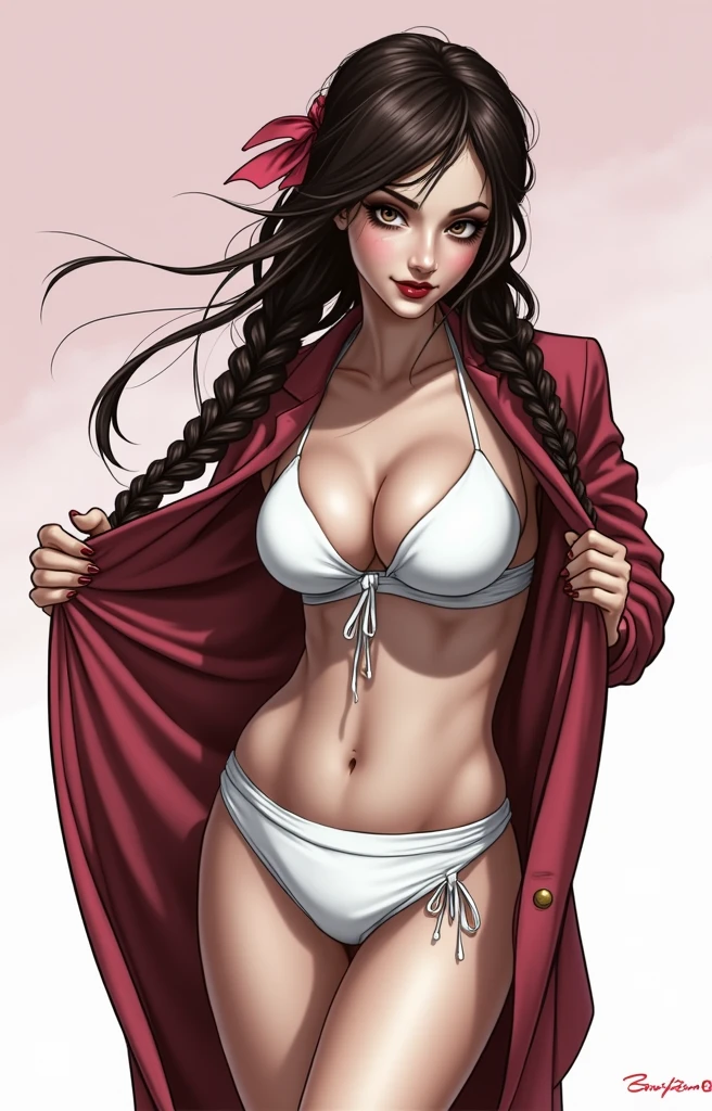 (masterpiece, best quality)), ((((perfect anatomy)))),Caucasian woman with long brown braided hair, pink hair bow, dark eye-shadow, dark red lipstick, opening up pink dress, red jacket , (((white cotton bikini panties))), white bra, smiling, (((realistic art style)))