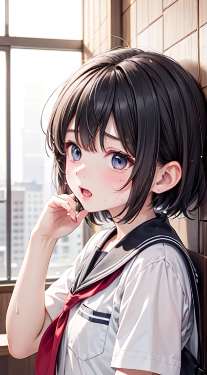 Highest quality,Ultra-wide angle composition、Elementary school girl Sweaty face cute short hair boyish My hair is wet with sweat Blowing the vertical whistle Blissful expression
