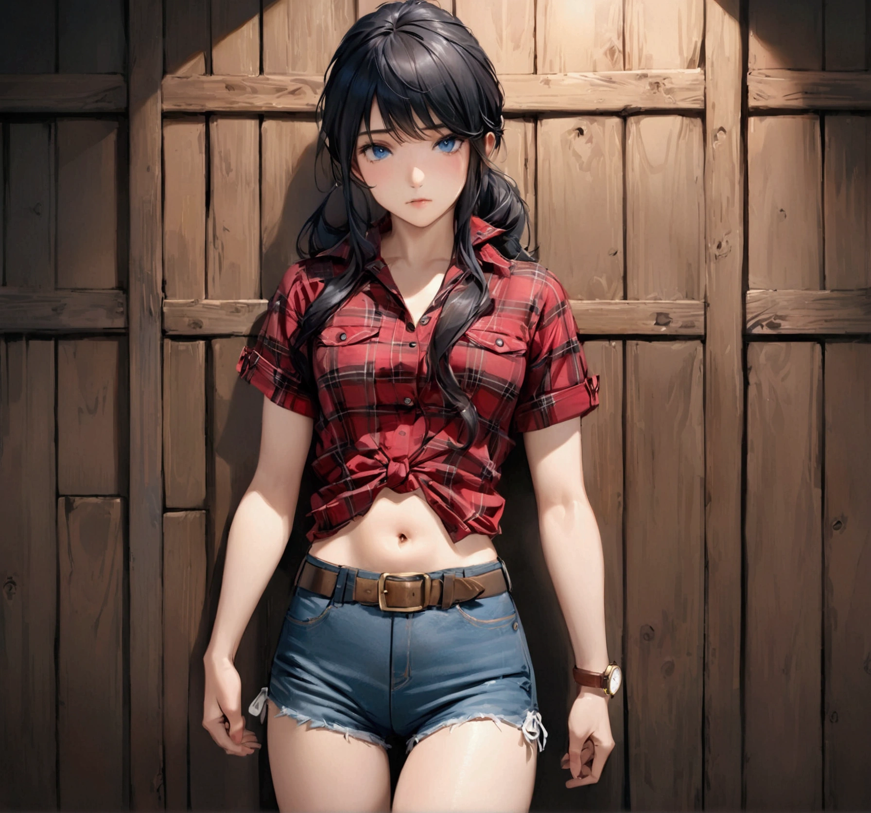 Woman with long black hair, blue eyes, An athletic body, Red plaid tight short sleeve cowgirl shirt, watch, Navel exposed, Denim hot pants, Brown belt with square buckle, Stand up straight, Drunk,In front of a wooden wall,Front view,Cowboy Shot,16K, Highest quality, masterpiece, Realistic, detailed