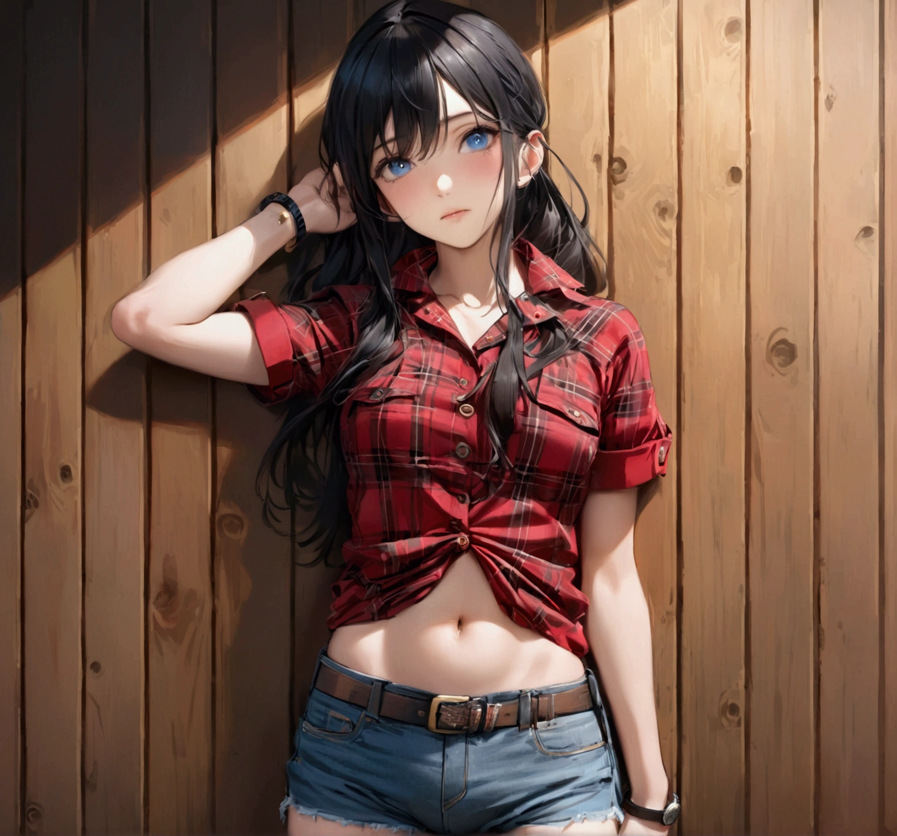 Woman with long black hair, blue eyes, An athletic body, Red plaid tight short sleeve cowgirl shirt, watch, Navel exposed, Denim hot pants, Brown belt with square buckle, Stand up straight, Drunk,In front of a wooden wall,Front view,Cowboy Shot,16K, Highest quality, masterpiece, Realistic, detailed