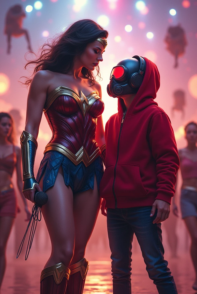 Wonder woman, realistic, big breasts, full body, microphone & Young Star-lord with red hoodie, headphones, Star-lord helmet, rocket boots, gas helmet, covered face, round red eyes, front cover, touching the Dj, party, round eyes, free air, fly in the sky.
