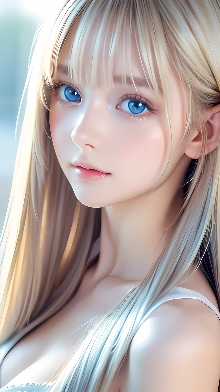 Very beautiful blonde hair、Bright Blue Eyes、Beautiful Girl、1 Nordic beauty、Shiny, super long, straight, silky hair、Beautiful natural platinum blonde、Very bright, large light blue eyes that shine beautifully、Double eyelids、Big eyes、Small Face Beauty、round face、Cheek gloss highlighter、Ample breasts、Very white and shiny skin、Blonde hair color that changes with light、Long bangs obstruct the view、Sexy and very beautiful lovely cute gorgeous face、The most beautiful face in the world、smooth, straight hair、Shining light blue eyes、Beautiful bangs、Beautiful cute girl、disheveled bangs above the eyes,