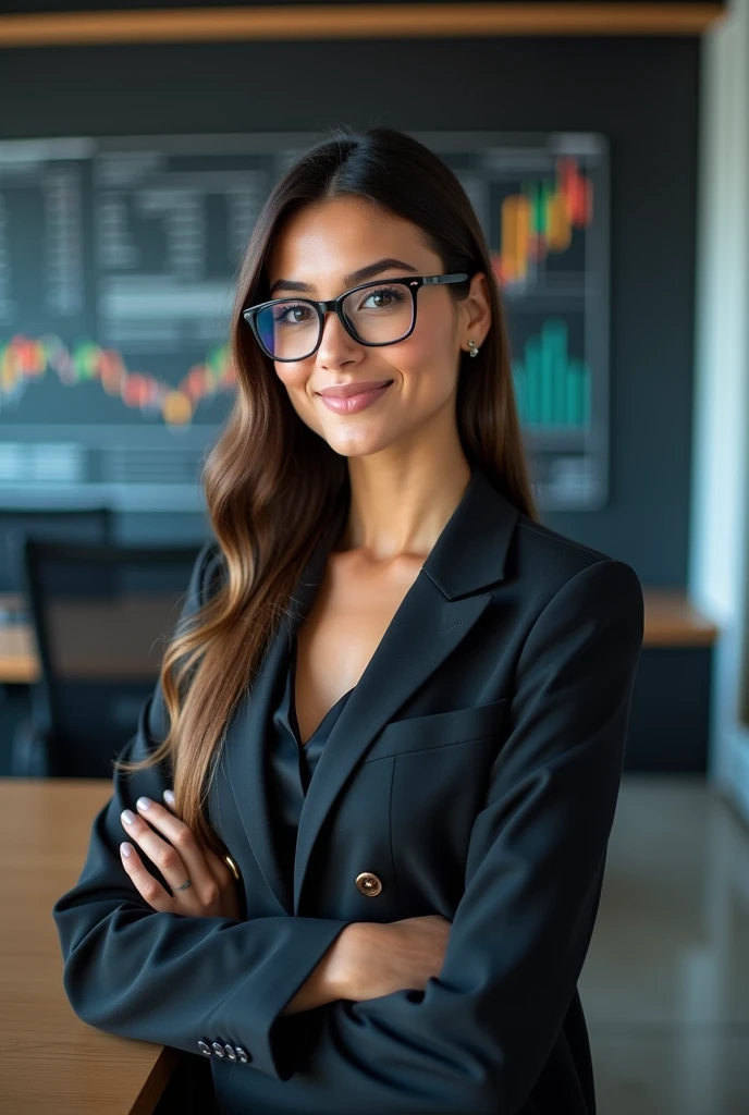 a beautiful young woman exuding an air of confidence and intellect in a sleek modern office space beside a complex financial chart on the wall, you can feelher analytical mind at work, straight in the camera gaze, slightly smiling, full body, top model measurements, office dresscode, wearing glasses, cute face, still very professional, by Alejandro Burdisio