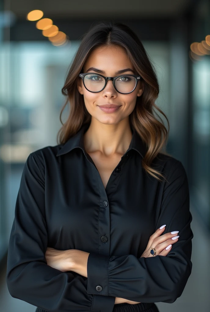 a beautiful young woman exuding an air of confidence and intellect in a sleek modern office space beside a complex financial chart on the wall, you can feelher analytical mind at work, straight in the camera gaze, slightly smiling, full body, top model measurements, office dresscode, wearing glasses, cute face, still very professional, by Alejandro Burdisio