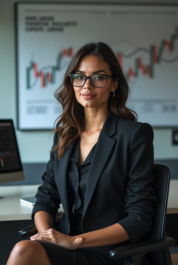 a beautiful young woman exuding an air of confidence and intellect in a sleek modern office space beside a complex financial chart on the wall, you can feelher analytical mind at work, straight in the camera gaze, slightly smiling, full body, top model measurements, office dresscode, wearing glasses, cute face, still very professional, by Alejandro Burdisio