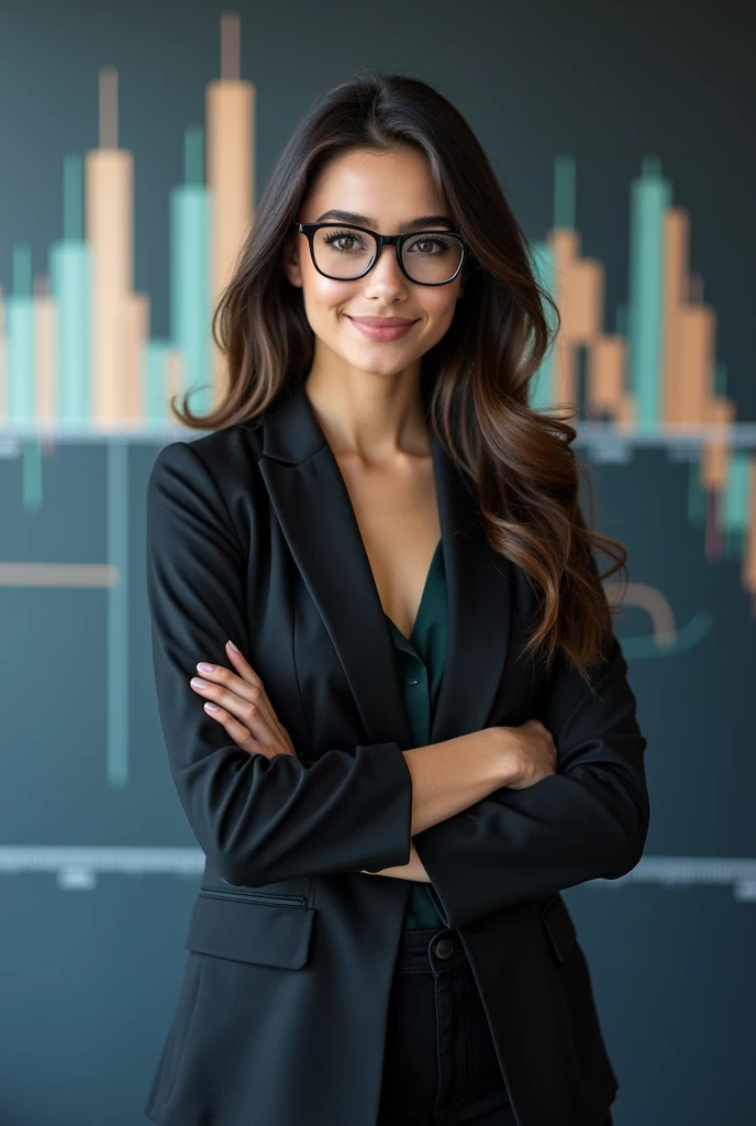 a beautiful young woman exuding an air of confidence and intellect in a sleek modern office space beside a complex financial chart on the wall, you can feelher analytical mind at work, straight in the camera gaze, slightly smiling, full body, top model measurements, office dresscode, wearing glasses, cute face, still very professional, by Alejandro Burdisio