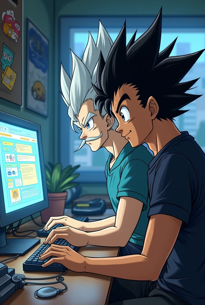 two adult brothers but with different appearances, dragon ball style with pokémon, but one white brother only has a mustache and the other has a close beard and is brown with dark clothes using a computer, also inserting computing and windows , have computer science in the background