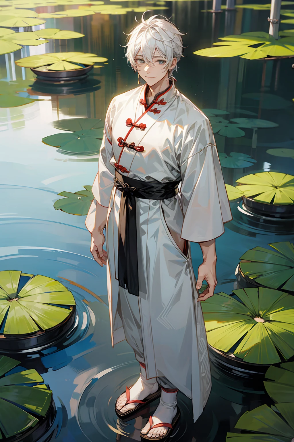 1male, Adult Male, Grey Colored Eyes, White Hair, Sandals, Smile, Chinese Outfit, Standing On Pond