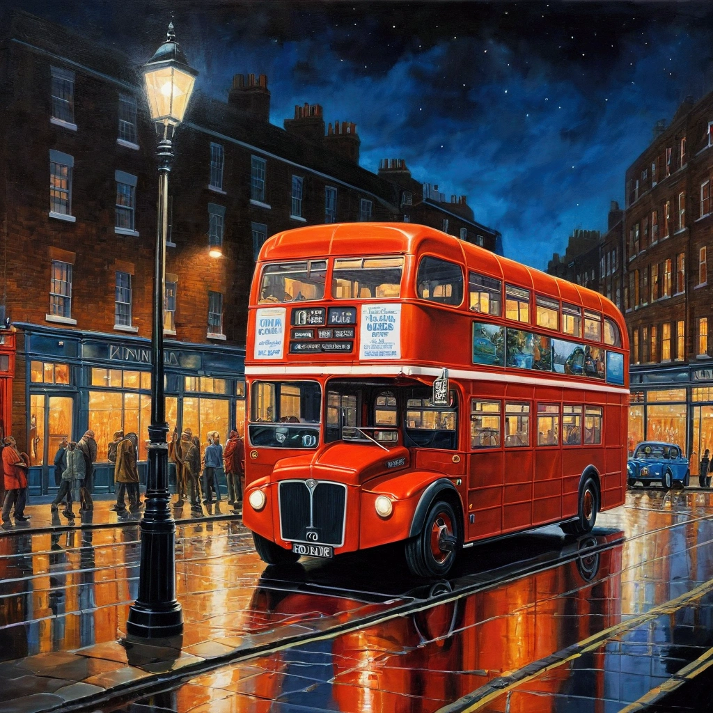 a double decker bus driving down a street at night with people on it's side and a lamp post in the background, extremely detailed oil painting, a photorealistic painting, photorealism, Dan Mumford