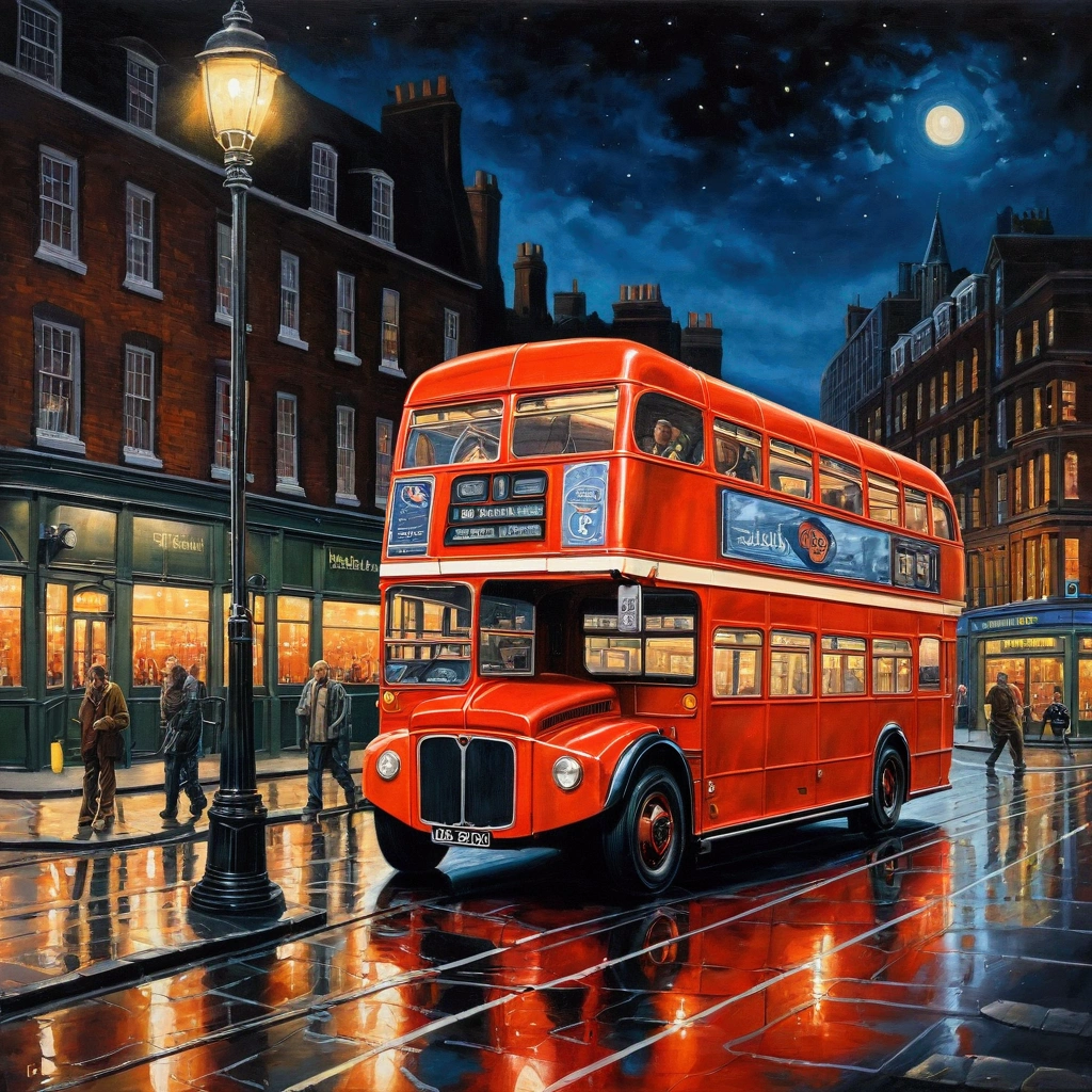 a double decker bus driving down a street at night with people on it's side and a lamp post in the background, extremely detailed oil painting, a photorealistic painting, photorealism, Dan Mumford