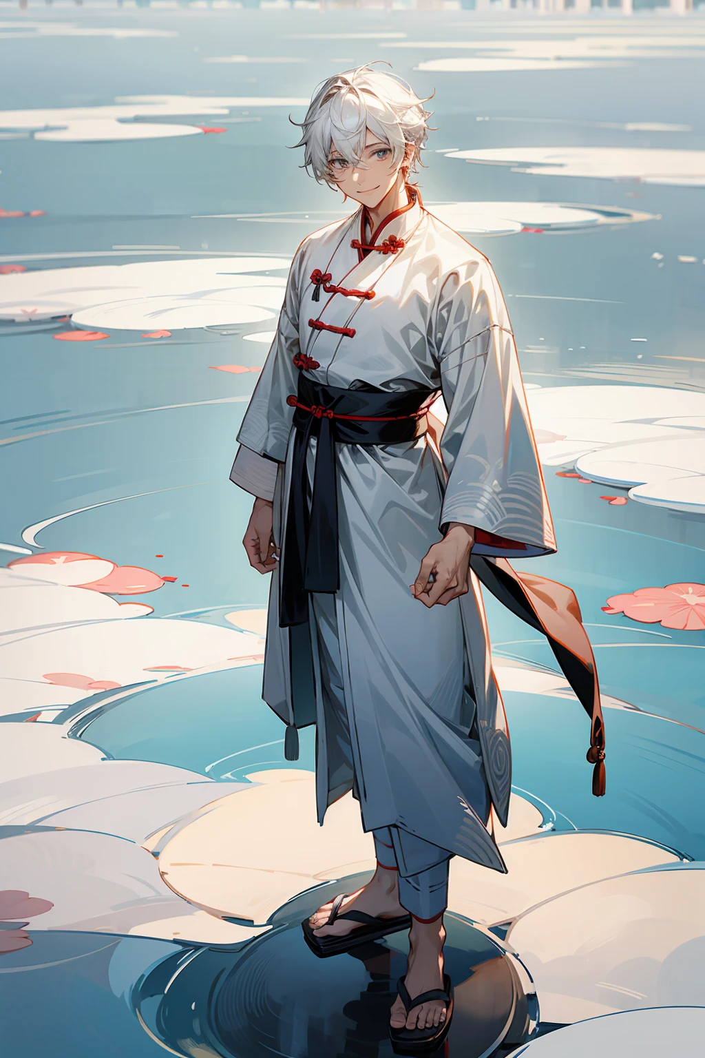 1male, Adult Male, Grey Colored Eyes, White Hair, Sandals, Smile, Chinese Outfit, Standing On Pond