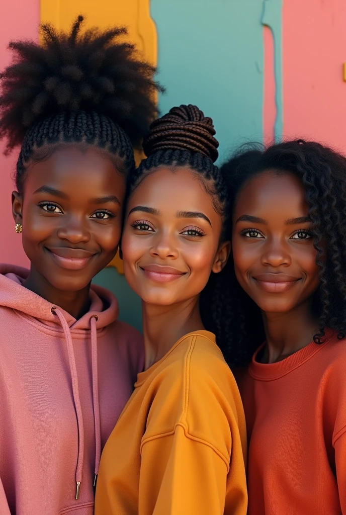 Generate an image for me with three young people, one who has boxer braids glued together and is dark-skinned, another who is a little shorter and has Peruvian features, and another who is taller and is also somewhat dark-skinned but with straight hair.