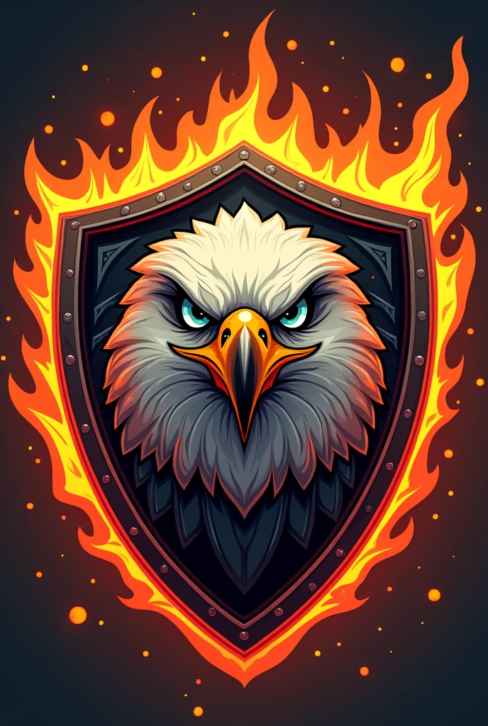 Create a cartoon image of an eagle's face inside a shield, in the shape of a rock team emblem with flames surrounding the shield