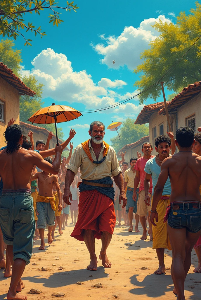 The lifting of labels**
**Description:** With memory restored, Villagers begin to remove labels from objects. The image shows José Arcadio Buendía and other villagers removing signs from houses, trees and animals. The atmosphere is one of celebration and rebirth, with bright colors and clear skies.