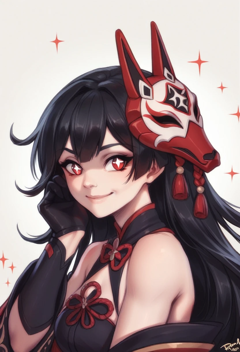 By personalami. sparkle \(honkai: star rail\),1girl,solo,gloves,mask,japanese clothes,black gloves,bare shoulders, black hair red line hair, red eyes, evil lover yandere flower pupils, evil smile grab own face