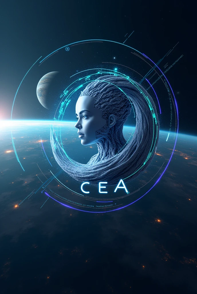 Image of artificial intelligence and large logo of CEA COCHABAMBA large letasy also that the image in space