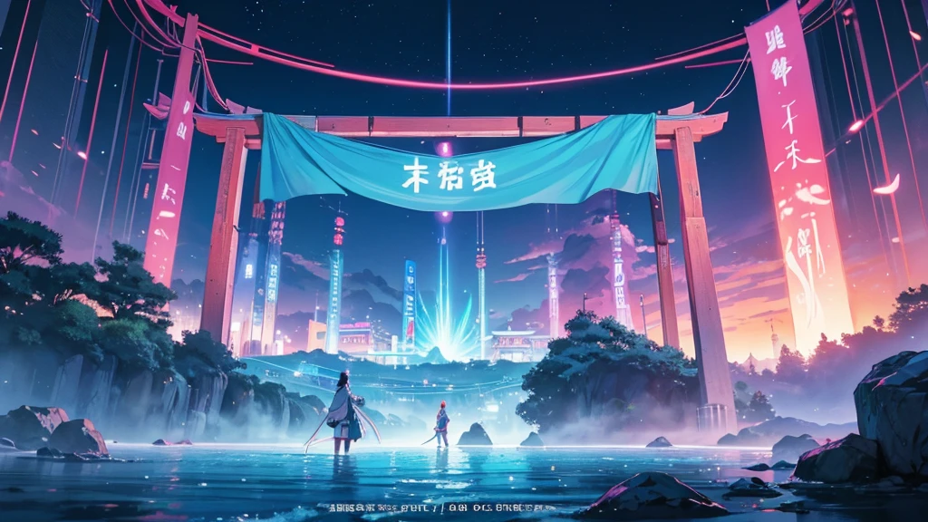 Design a vibrant banner that captures the essence of anime music. The background should depict a dreamy landscape with a blend of neon-lit cityscapes and serene nature scenes, reminiscent of classic anime settings. Include a prominent placement of the channel name, "Anime Soundscape AI," in a bold, glowing font. Surround the text with musical notes, soundwaves, and ethereal lights. Add small, detailed anime characters playing traditional Japanese instruments, like the koto and shamisen, subtly in the corners of the banner.