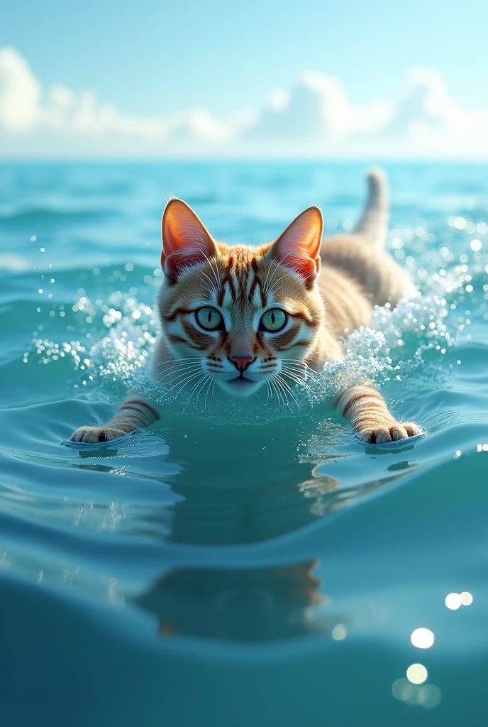 Generates an image of a cat in the sea