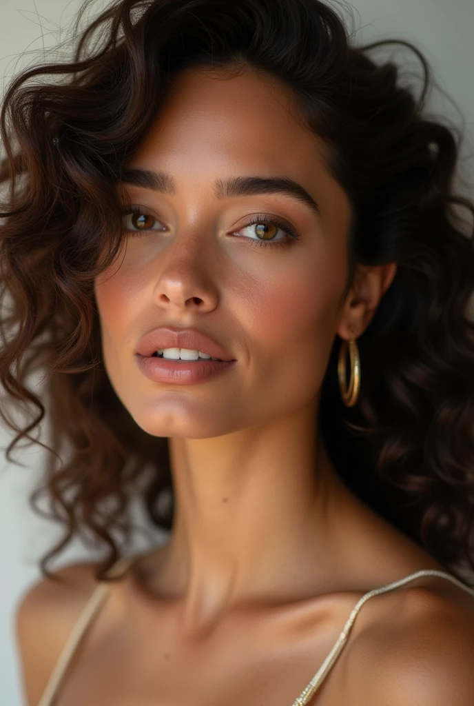 An Instagram profile photo of a beautiful and elegant woman with Brazilian features, almond shaped eyes and curly hair