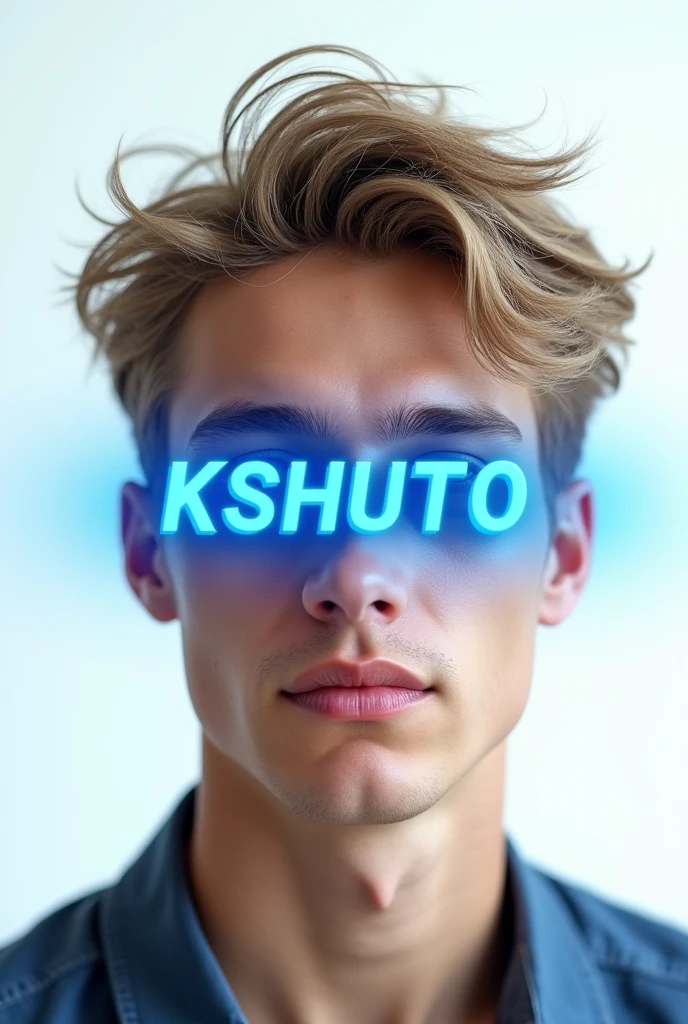 Create me a profile picture with a colbalt blue lettering in 3D optics should be simple above the writing a face of a young man with light short hair with tousled hair and white background