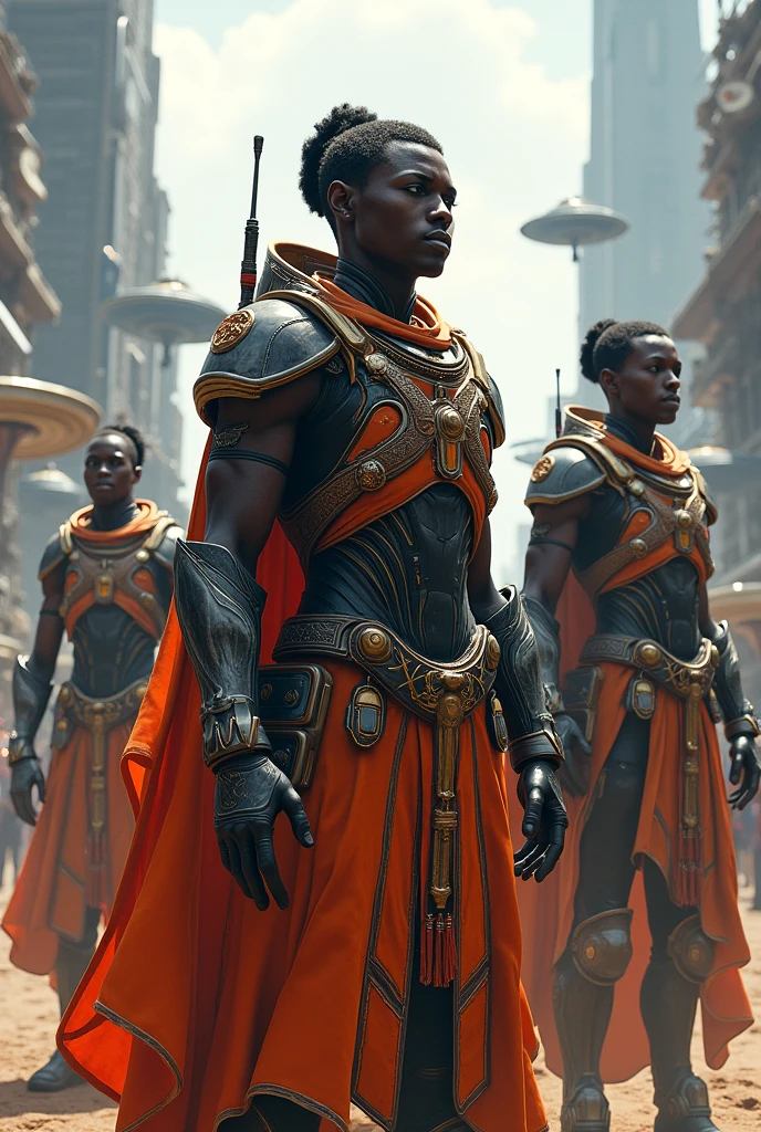 Futuristic African city. Futuristic African warriors. Ultra high quality.