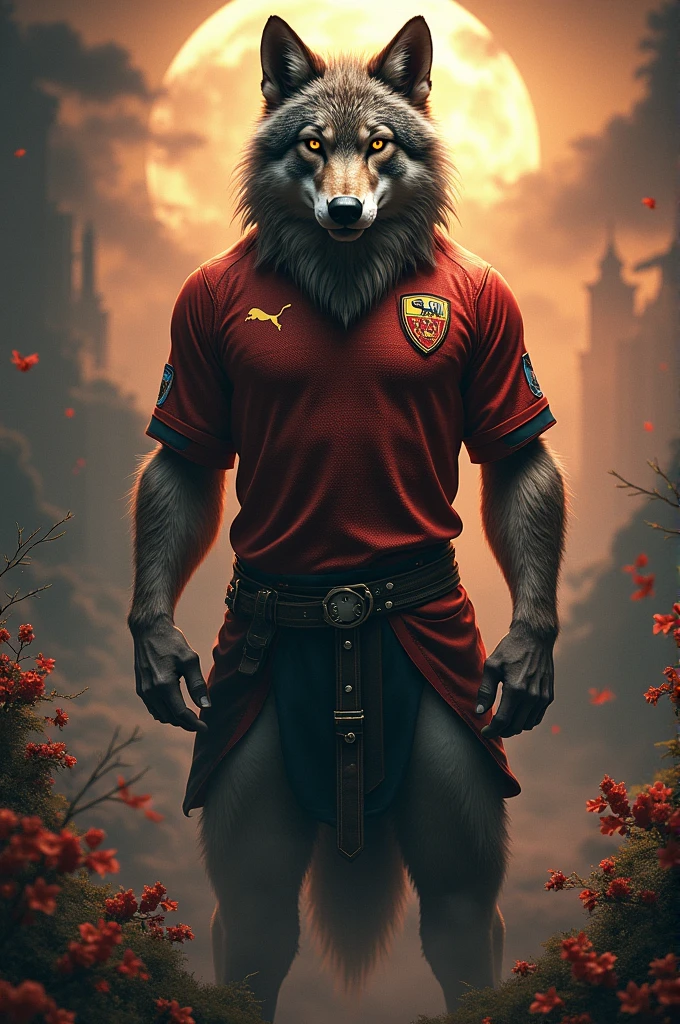 Design a wolf with the Roma shirt, imposing, strong, dinga image and special as a cover photo as for a vs. Surreal image, profesional 3d