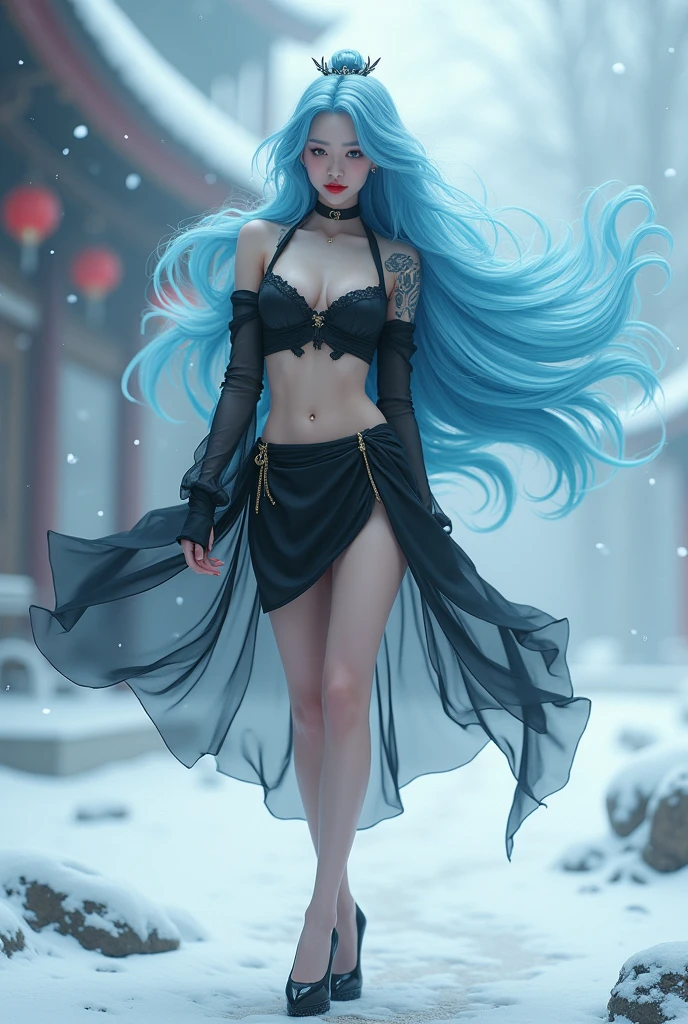 3D, very hot and sexy, jaw-dropping beauty, perfect proportions, beautiful body, slim body beauty:1.4), Chinese 3D, A girl stands in the snow, wearing a Black, Tight shirt, mini skirt, skirt, long skirt l, Effect of water flowing in the air, tattoo, blue hair, red lip, Stockings, high heel, long hair, night