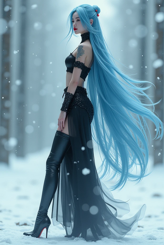 ((masterpiece, highest quality, Highest image quality, High resolution, photorealistic, Raw photo, 8K)), (huge stunning goddess shot, very hot and sexy, jaw-dropping beauty, perfect proportions, beautiful body, slim body beauty:1.4), Chinese, A girl stands in the snow, wearing a Black off-shoulder top and skirt, Effect of water flowing in the air, tattoo, sky blue hair, red lip, Stockings, high heel, long hair, 3D