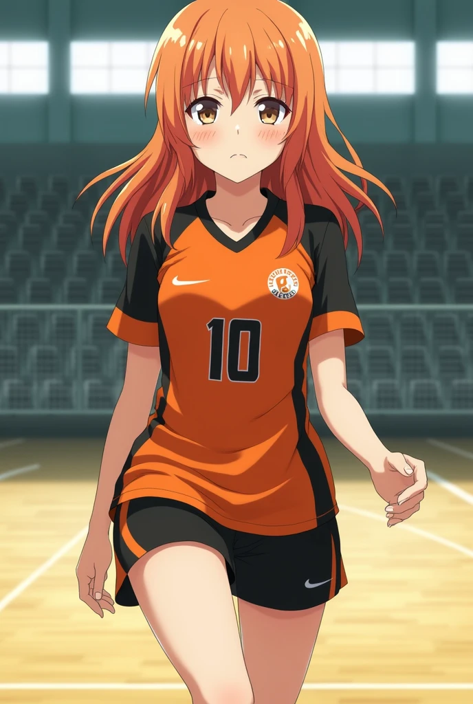 Haikiyuu, anime, gym, long loose orange hair, light brown eyes, Karasuno team clothing orange on the inside and black on the sides with the number 10,female, serious and walking. 