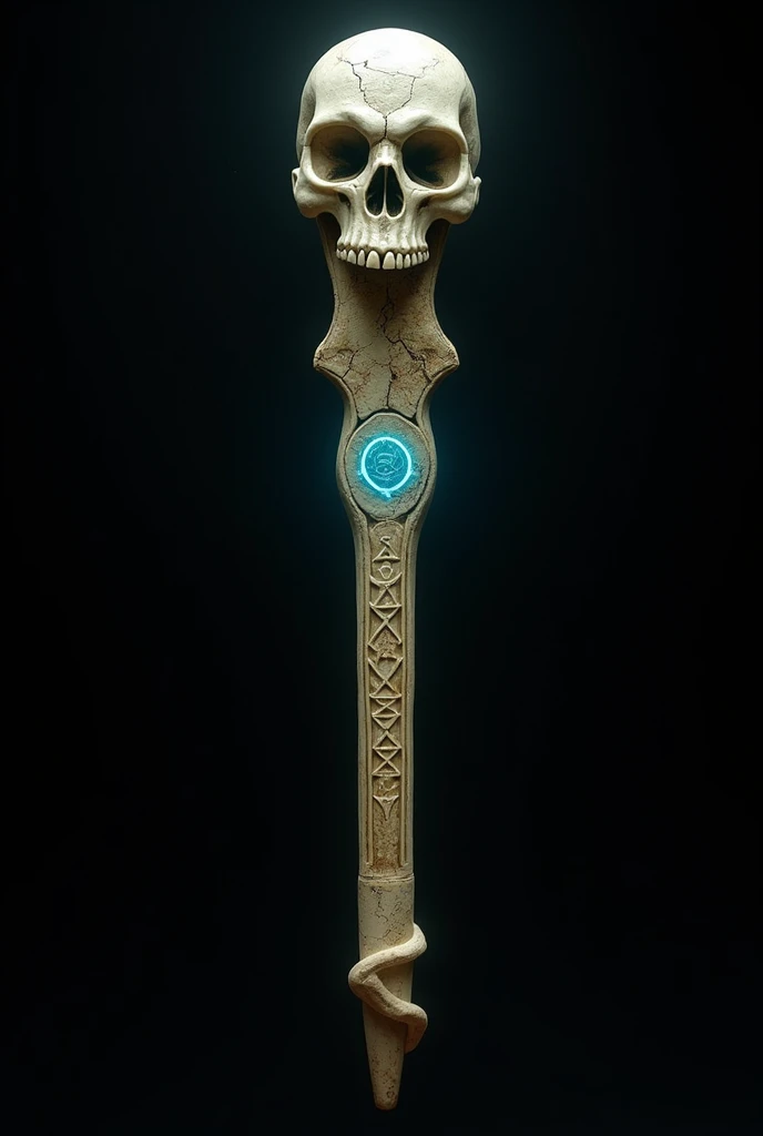 The wand is about 30 cm long and is carved from a single bone., with a surface that maintains the rough texture and natural veins of the bone, highlighting its ancient and macabre origins. It is an aged ivory tone, with a faint ethereal glow that seems to pulse with a dark energy.
At the top end, the wand features an intricately carved head that resembles a stylized human skull. The eyes of the skull are cavernous and deep-set, and around it there are minute details that imitate small runes or ancient inscriptions. The central part of the wand has a series of interlocking notches, forming geometric patterns and arcane symbols that appear to glow a dark blue when the wand is activated.
The lower end of the wand ends in a tapered point., which is slightly curved backwards, giving an almost claw-like effect. Small cracks and marks along the surface of the bone add a touch of wear, as if the wand had been used in ancient and forgotten rituals.
Em conjunto, the wand exudes an aura of dark power and mystery, evoking a sense of connection with forces beyond common understanding, making it a powerful and feared artifact.