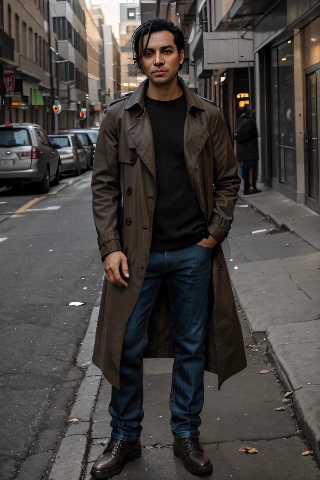 Adult man with black hair, combed back, long brown trench coat, jeans, standing on a sidewalk full of trash.