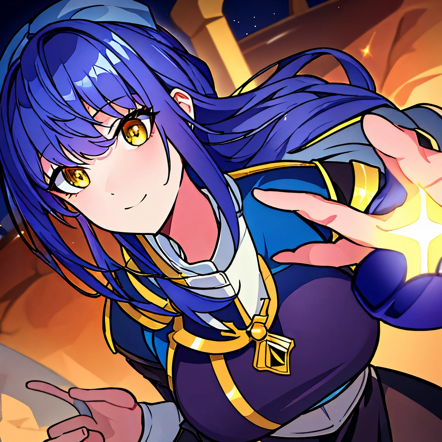 masterpiece, best quality:1.2), masterpiece, high quality, beautiful graphics, high detail, ultra detailed, cinematic lighting, HDR, ilustration, woman design, anime 4k, fan weapon in the hand, dark blue hair, little hair, yellow eyes, cloth gold with white, happy, medieval era, clergywoman, armor, weak
