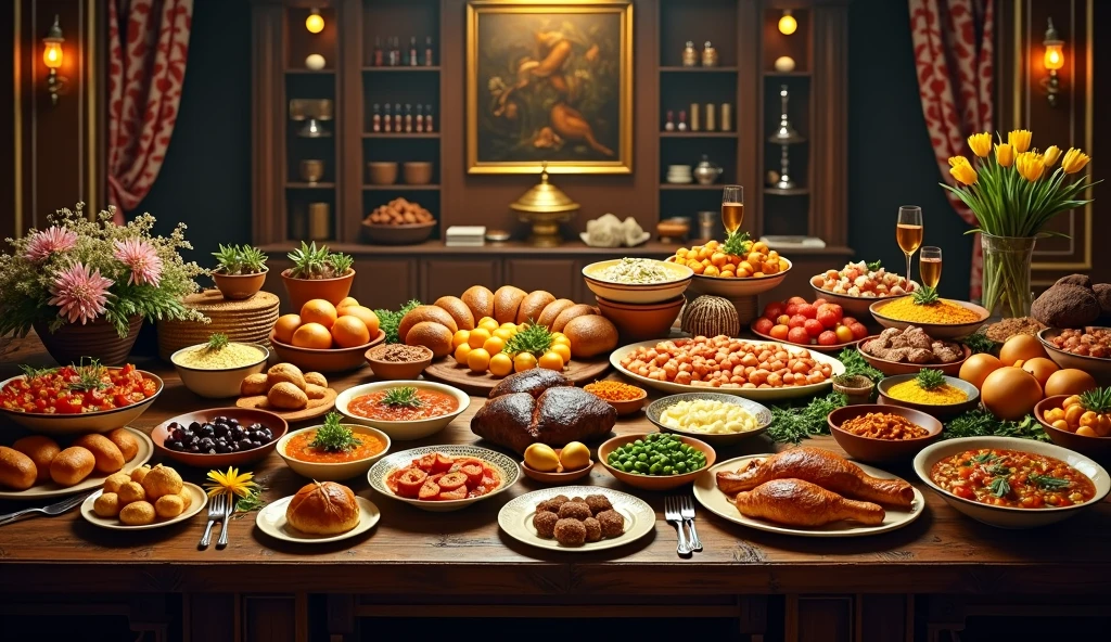 Large wooden table with a feast with a wide variety of dishes, Warm colors and elegant atmosphere