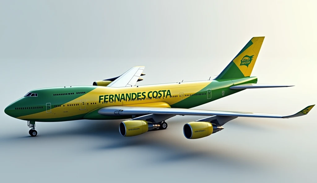 Create a hyper-realistic wide-body aircraft with six turbofan engines,each mounted on the wings in a triple configuration on each side. The aircraft has four sets of main landing gear, two on each wing, and a pair of smaller landing gear located at the wingtips for stability. The plane's fuselage is in the colors of the Brazilian flag, with minimal details to highlight its structure and aerodynamic design. The wings are robust and well defined, reflecting the power of the engines and the weight-bearing capacity of the aircraft. With the name FERNANDES COSTA in black on the fuselage