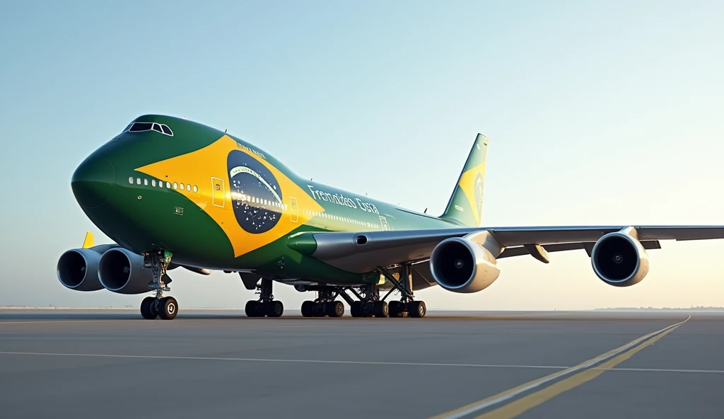 Create a hyper-realistic wide-body aircraft with six turbofan engines,each mounted on the wings in a triple configuration on each side. The aircraft has four sets of main landing gear, two on each wing, and a pair of smaller landing gear located at the wingtips for stability. The plane&#39;s fuselage is in the colors of the Brazilian flag, with minimal details to highlight its structure and aerodynamic design. The wings are robust and well defined, reflecting the power of the engines and the weight-bearing capacity of the aircraft. With the name FERNANDES COSTA in black on the fuselage 