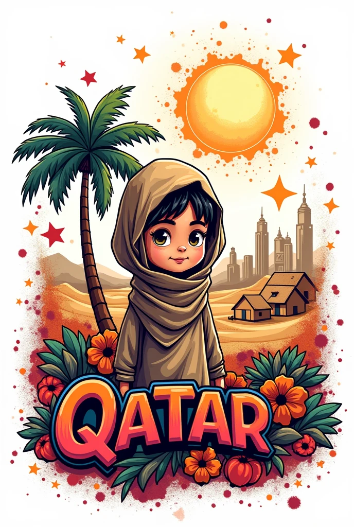 Abstract graffiti style drawing of the logo "I Love My Country". The logo is a cartoon image of a Qatari boy with his head completely covered with a burlap sack and wearing a traditional dress underneath, and behind him are traditional mud houses, with mountains, a palm tree and the capital Doha with buildings in the background. The background is vibrant white. The graffiti style includes elements such as stars, desert and swirls. The logo also has the text "Qatar" in the middle of the image