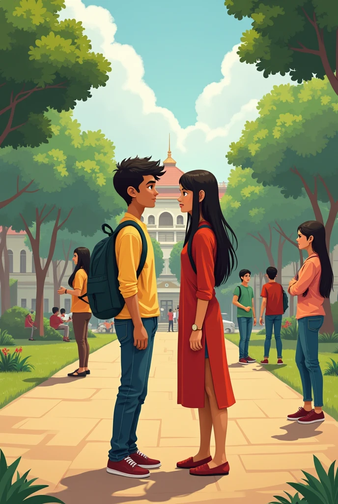 Two Bangladeshi University boy and girl dating in campus. A other girl  who jealously looking at them. 