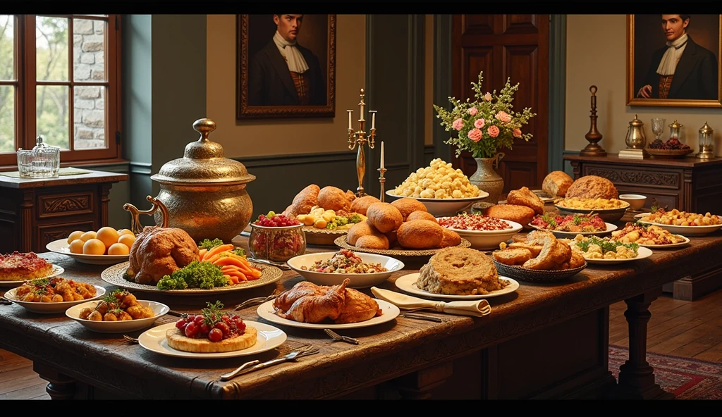 Large wooden table with a feast with a wide variety of dishes, Warm colors and elegant atmosphere