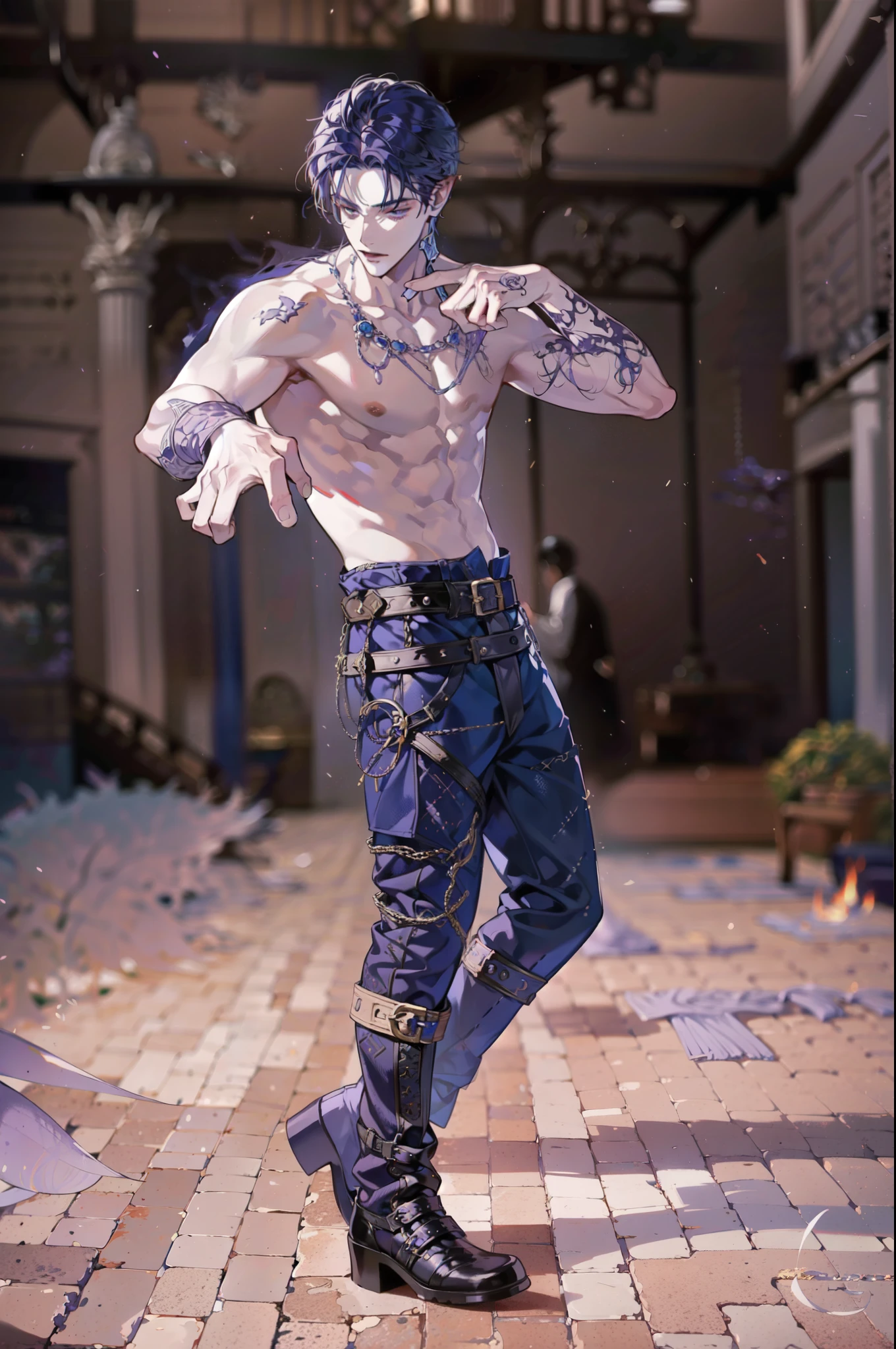 1 men, purple skin, blue hair up, ((intrikate)), dramatic lighting, detailded, work of art, cabelos azuis curtos, spot fire, mellow, pointy ears, elfo, bonitas, tall and beautiful guy, sexy look, villain, wearing no shirt, suggestive look