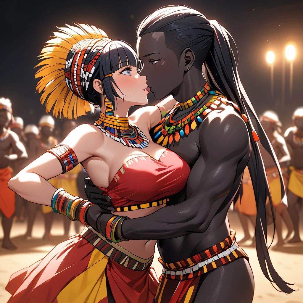 ((Highest quality)), ((masterpiece)), (detailed), (Perfect Face)、The woman is Aoki Reika, a Ghanaian with black skin and medium-long hair, and is a dancer of the indigenous people of Ghana, Africa.、The woman is wearing a tribal dance costume of the indigenous Ghanaian people of Africa, has a Ghanaian hairstyle, and is dancing an indigenous African tribal dance with a man who is hugging her, kissing her while fondling her breasts, and proposing to her.