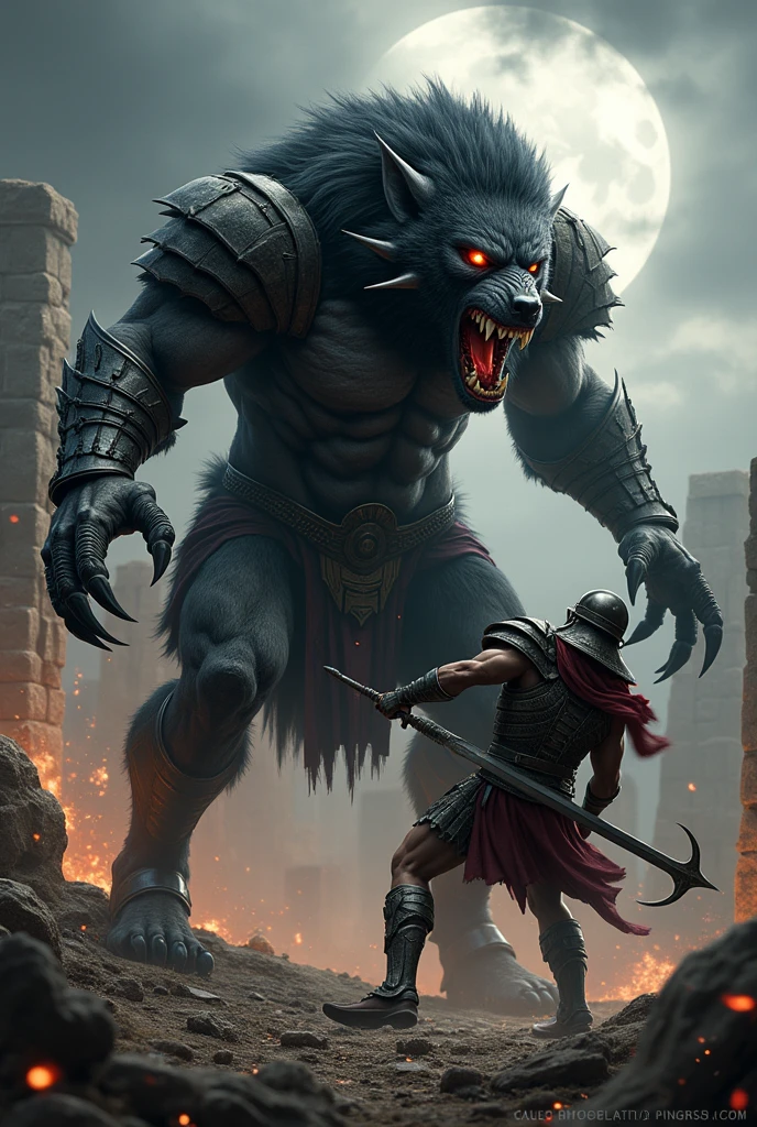 (photorealism:1.2), muscular werewolf in black armor, killing a spartan